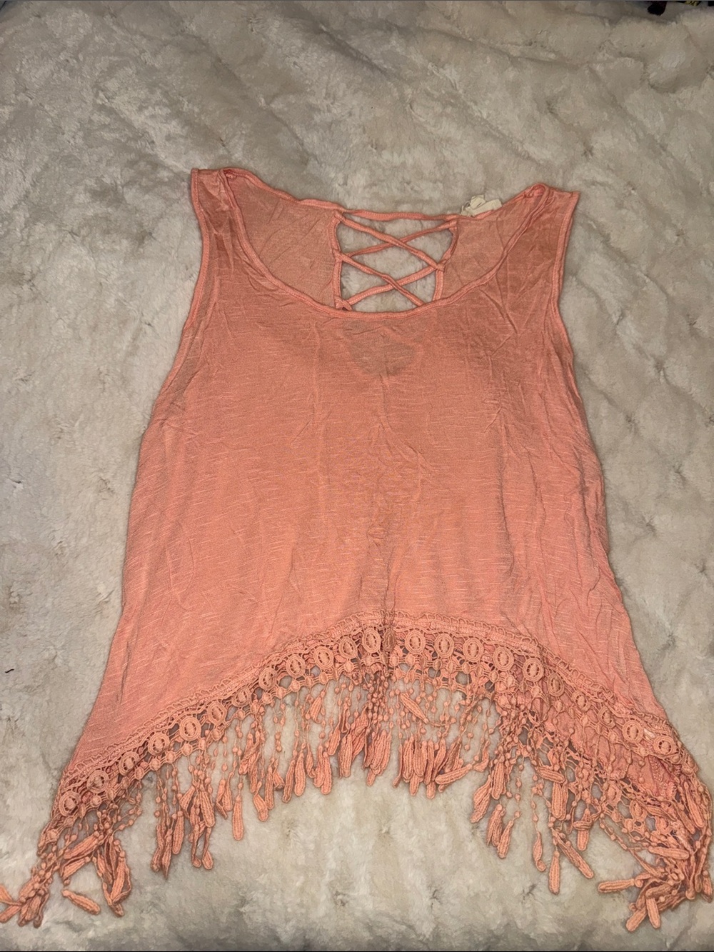 Women’s Peach Crochet-Hem Tank with Lattice Back